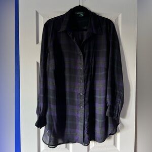 Lauren Ralph Lauren Sheer Black and Purple Plaid Button Down Blouse - 1X